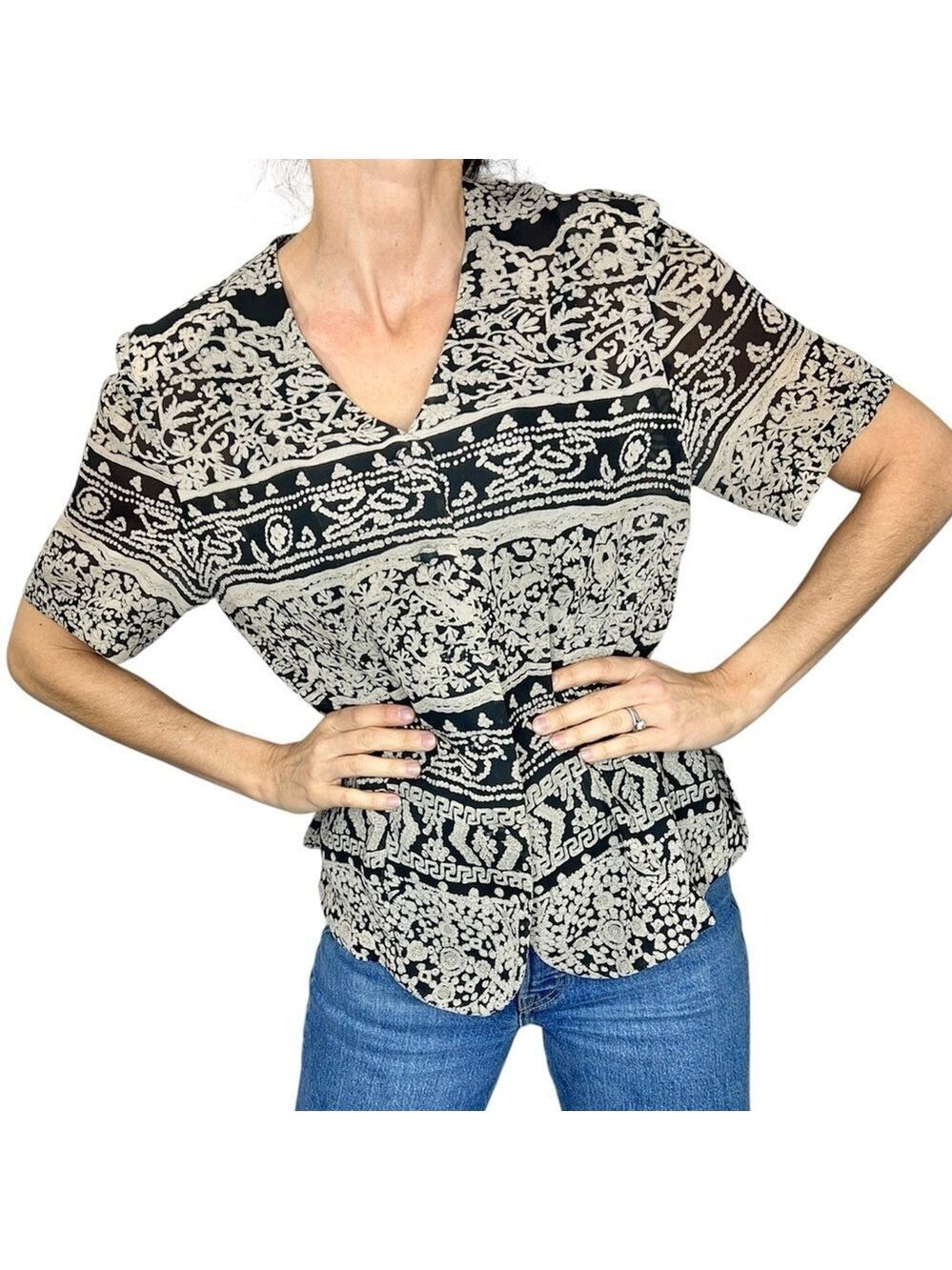 Vintage Un Jour Ailleurs Paris black beige chiffon short sleeve top blouse EU 42
